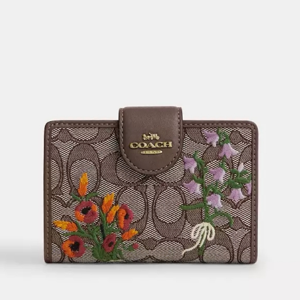 Coach Medium Corner Zip Wallet In Signature Jacquard With Floral Embroidery